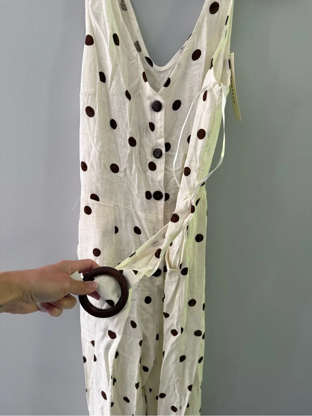 NWT Monteau Jumpsuit Pantsuit Brown Beige Polka Dot Groovy Buttons Size M - Picture 2 of 7